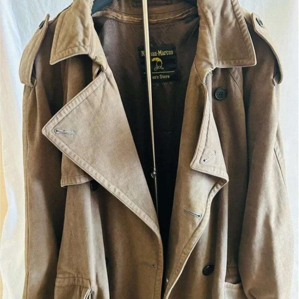 Neiman Marcus Couture Trench Coat with Belted Cuffs and Epaulettes